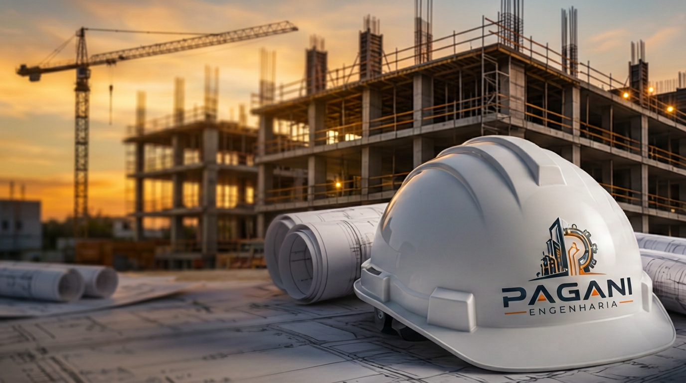 Prédio em construção ao anoitecer com capacete da Pagani Engenharia sobre projetos